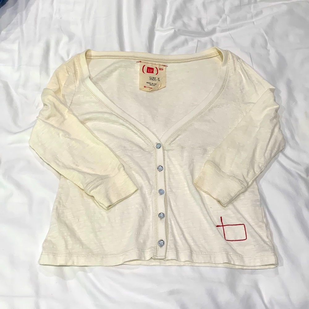 GAP Project RED Button Down Cardigan in Cream/Off White Color with Red Stitching